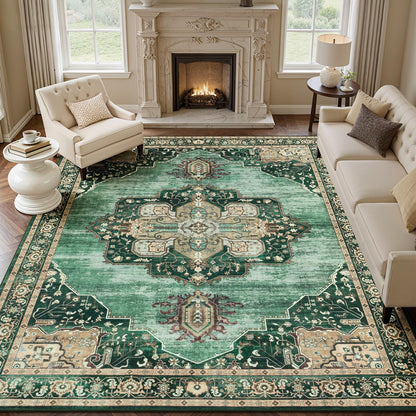 Sage Green 8x10 Area Rug for Living Room, Vintage Boho Large Carpet