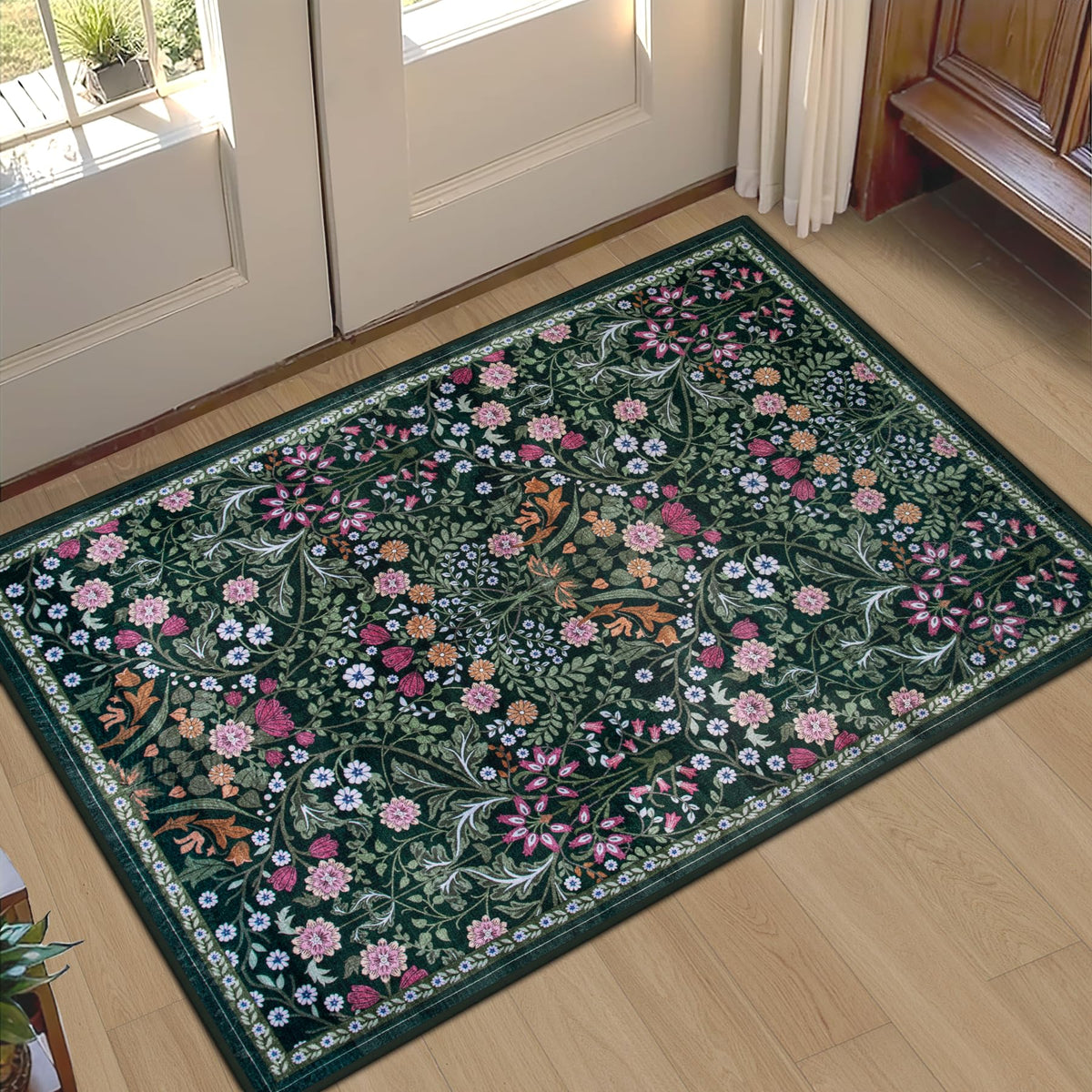 PLHXFR 8x10 Area Rug Living Room: Floral Washable Boho Carpet Dark Green