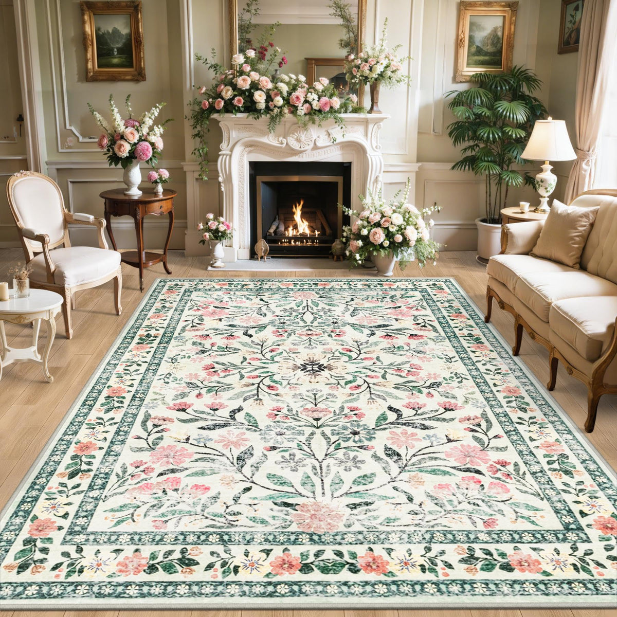 PLHXFR 8x10 Area Rug Living Room: Floral Washable Boho Carpet Dark Green