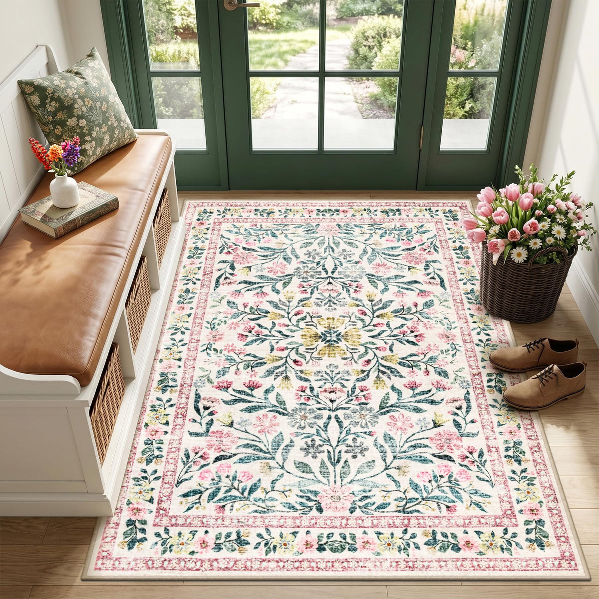 PLHXFR 8x10 Area Rug Living Room: Floral Washable Boho Carpet Dark Green