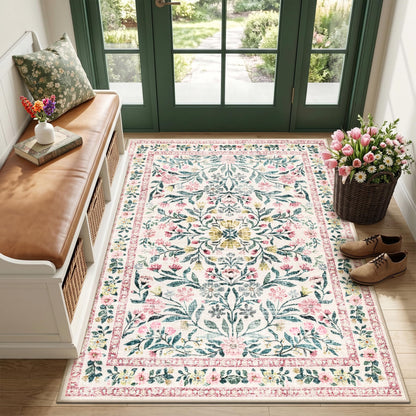 PLHXFR 8x10 Area Rug Living Room: Floral Washable Boho Carpet Dark Green