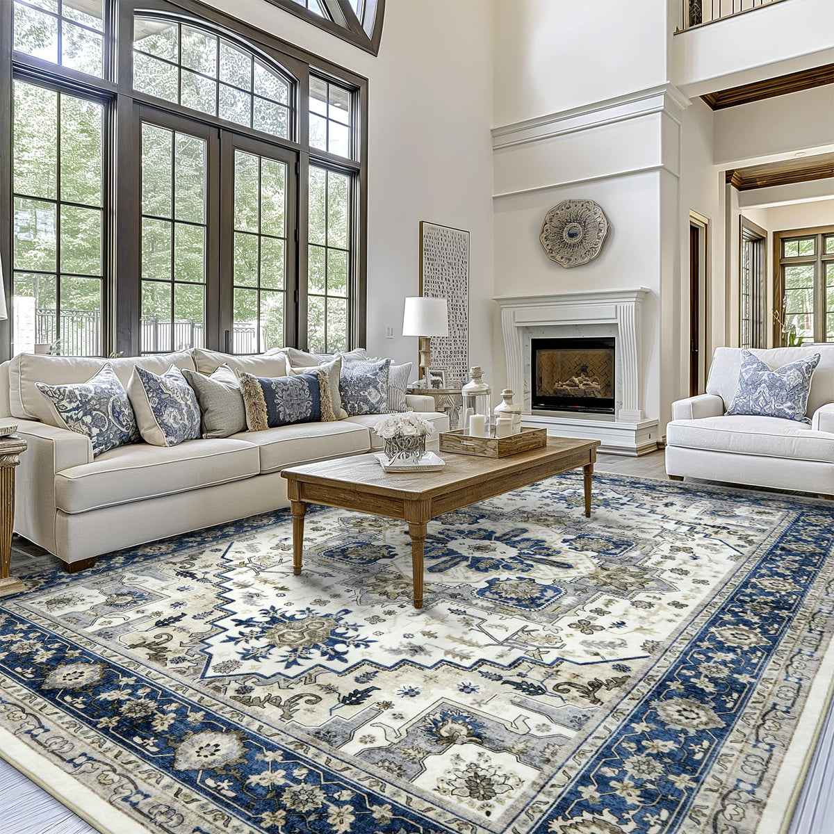 Washable Area Rug for Living Room: 9x12 Modern Abstract Neutral Soft Rug for Bedroom Dining Room No Slip Low Pile Carpet for Nursery Home Office - Grey/Blue