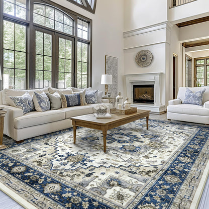 Washable Area Rug for Living Room: 9x12 Modern Abstract Neutral Soft Rug for Bedroom Dining Room No Slip Low Pile Carpet for Nursery Home Office - Grey/Blue