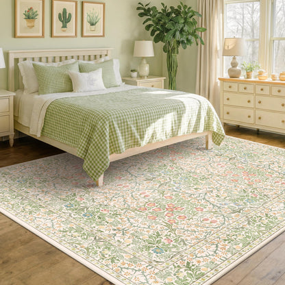 Floral Dark Green Washable Area Rugs 8x10, Vintage Living Room Rug