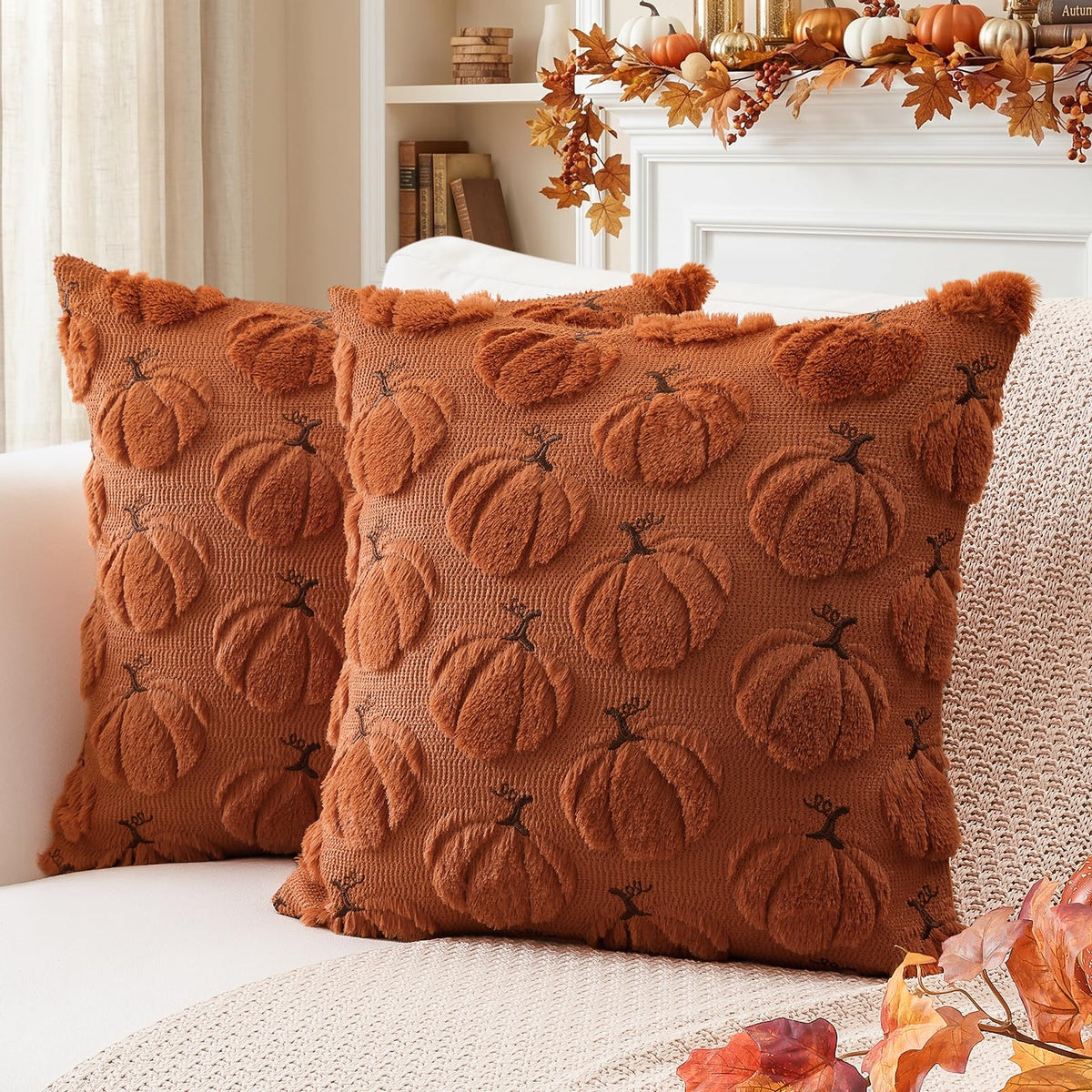 Artscope Fall Pumpkin Throw Pillow Covers 18x18 Set of 2, Autumn Soft Plush Faux Fur Decoration Cushion Covers for Thanksgiving Holiday Couch Sofa Bedroom Home Decor-Mustard Yellow