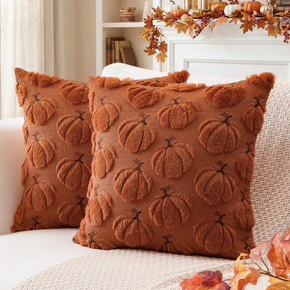 Artscope Fall Pumpkin Throw Pillow Covers 18x18 Set of 2, Autumn Soft Plush Faux Fur Decoration Cushion Covers for Thanksgiving Holiday Couch Sofa Bedroom Home Decor-Mustard Yellow