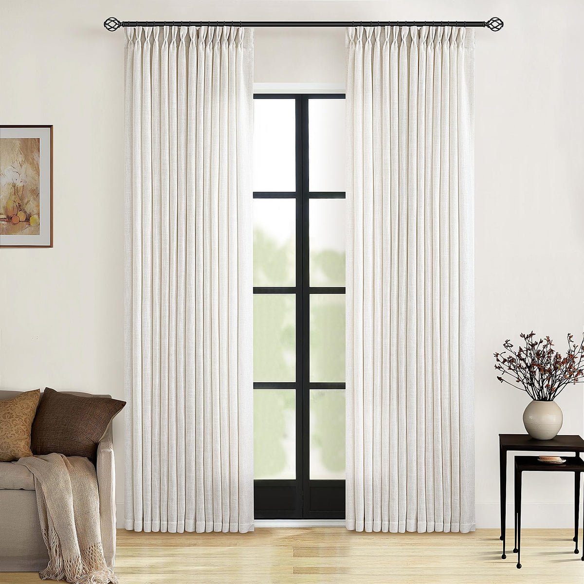 TWODRAPES Natural Pinch Pleated Linen Semi Sheer 84 Inch Curtains 2 Panels