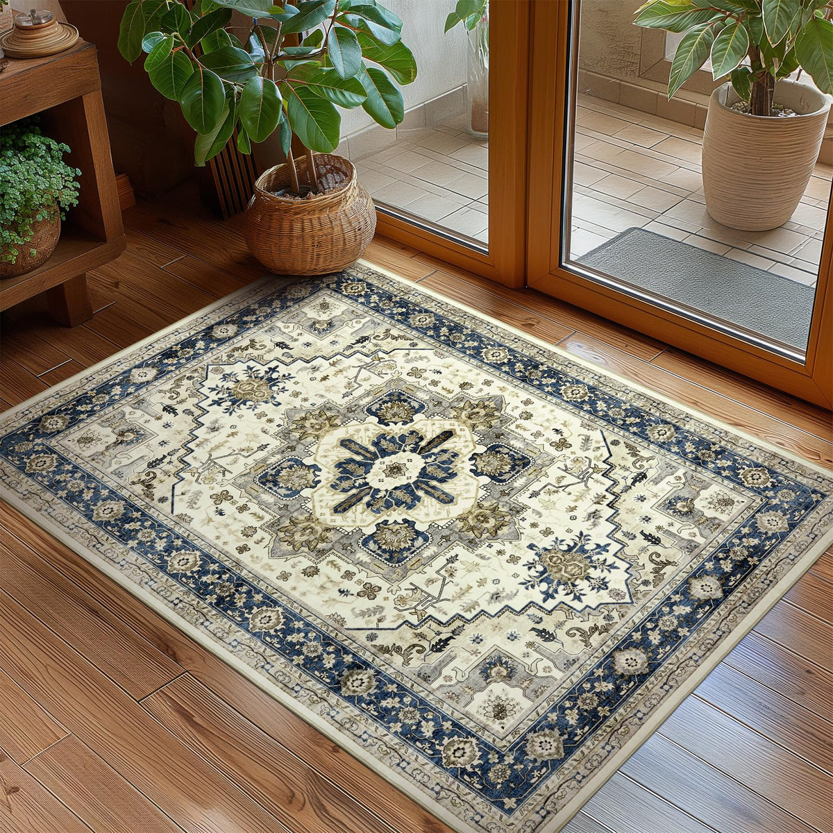 Washable Area Rug for Living Room: 9x12 Modern Abstract Neutral Soft Rug for Bedroom Dining Room No Slip Low Pile Carpet for Nursery Home Office - Grey/Blue