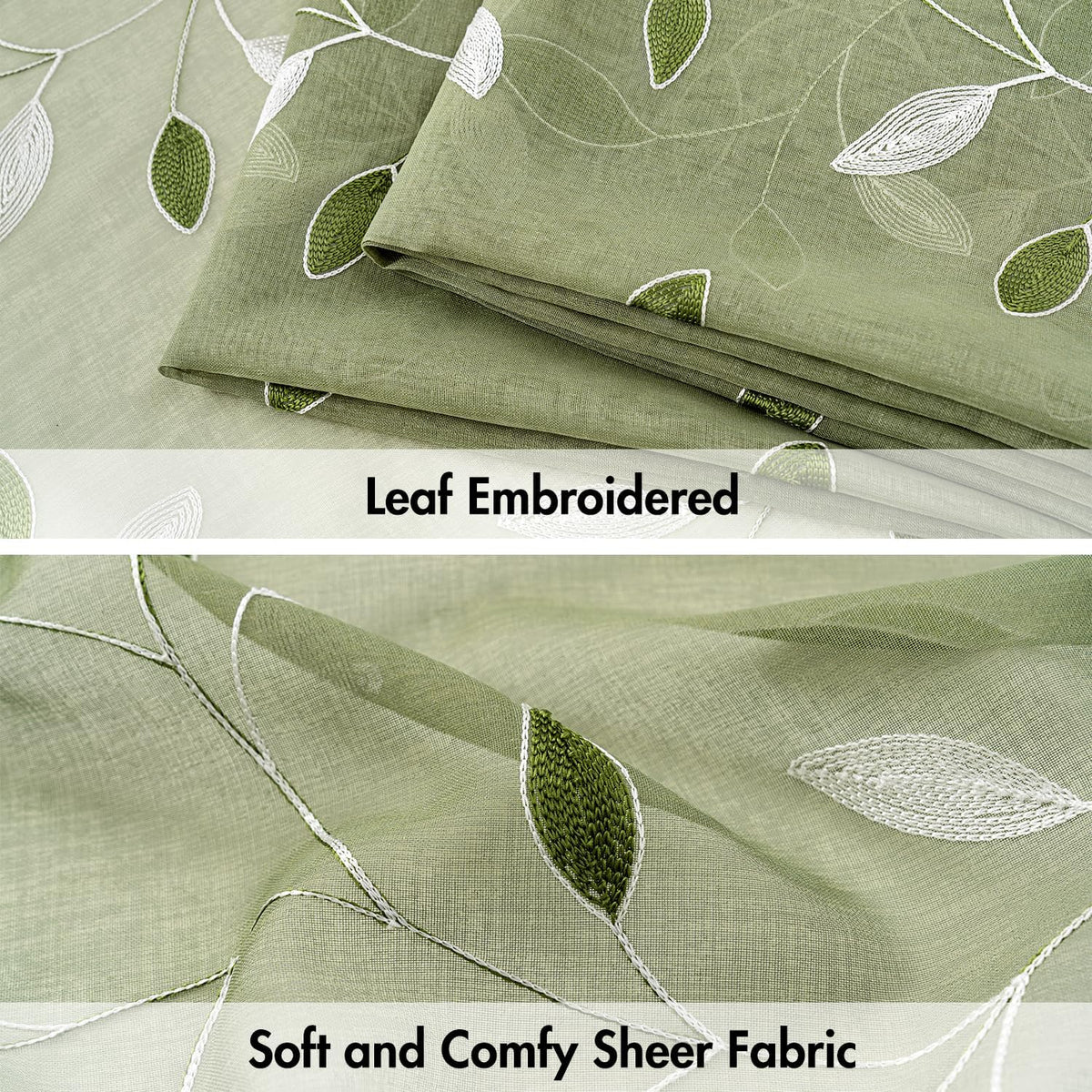 MIULEE Sage Green Sheer Curtains 2 Panels Leaf Patterned, W52 x L84