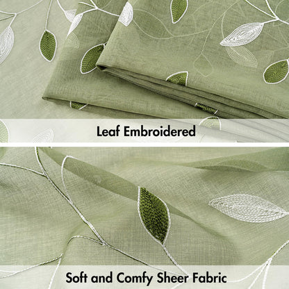 MIULEE Sage Green Sheer Curtains 2 Panels Leaf Patterned, W52 x L84