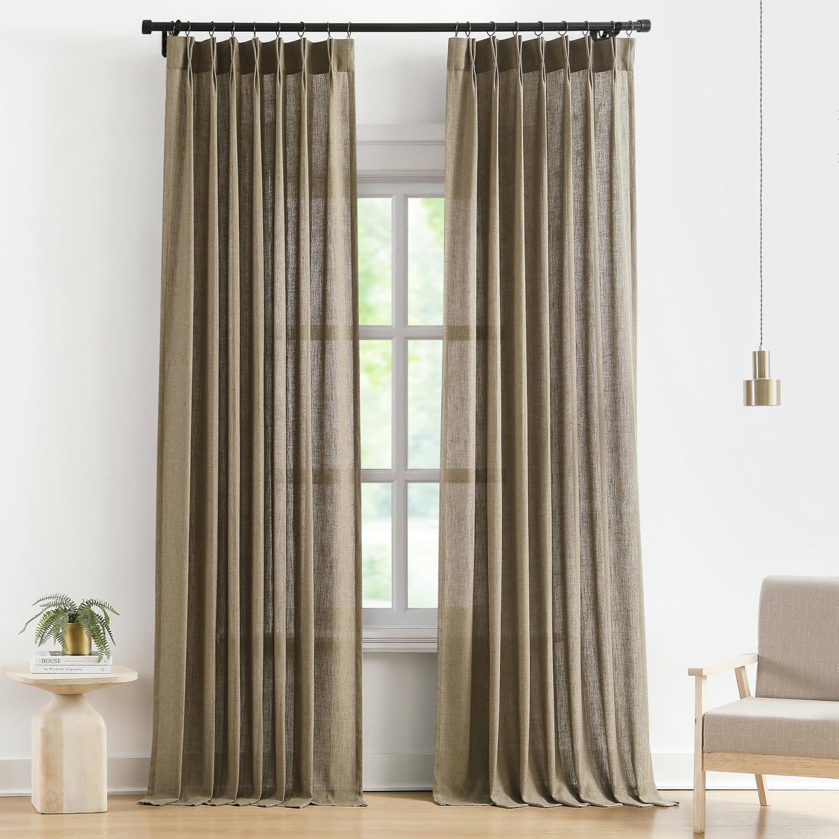 Vision Home Natural Linen Pinch Pleated Semi Sheer Curtains 42Wx90Lx2