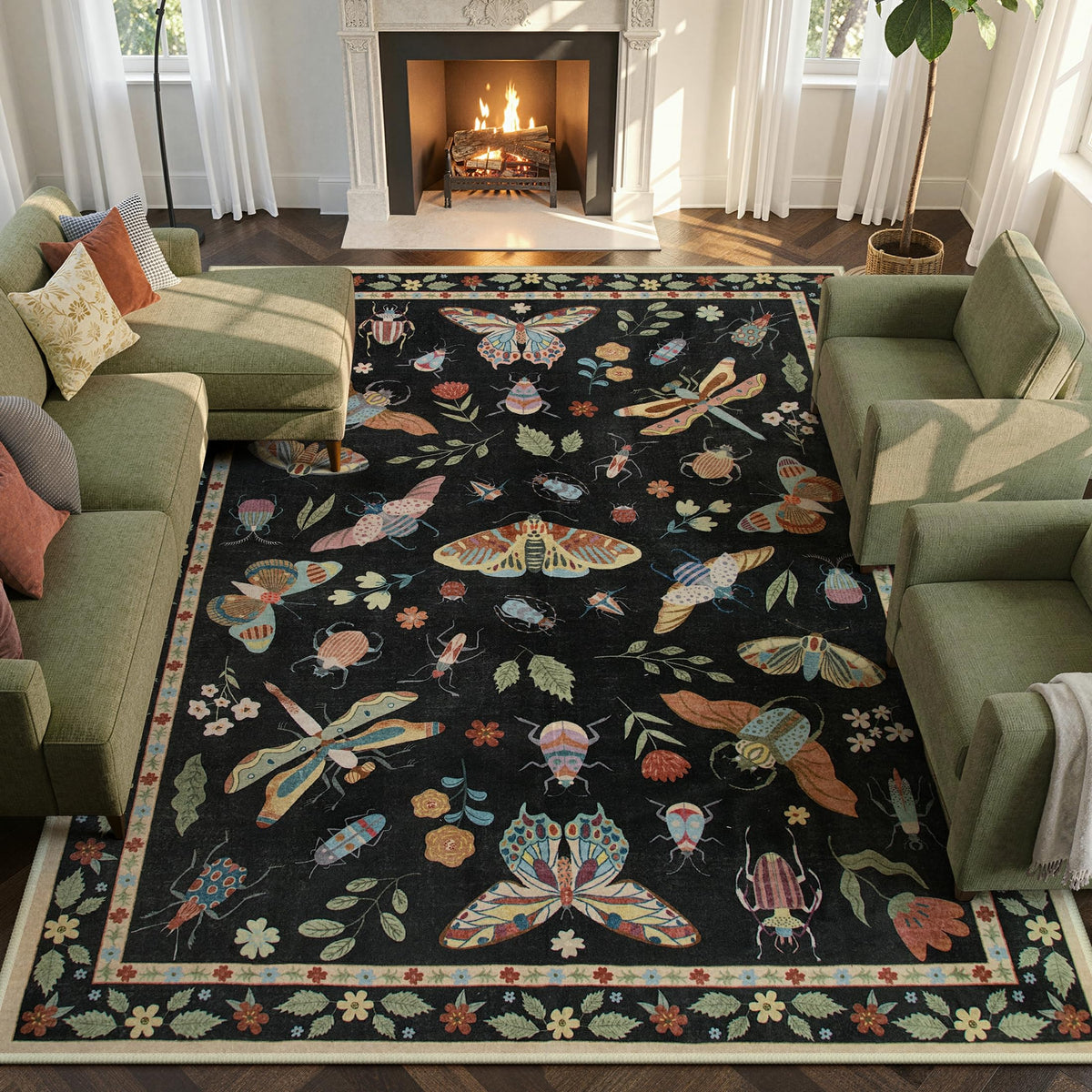 Lahome Bug Washable Area Rugs 5x7, Soft Green Rug for Living Room Bedroom