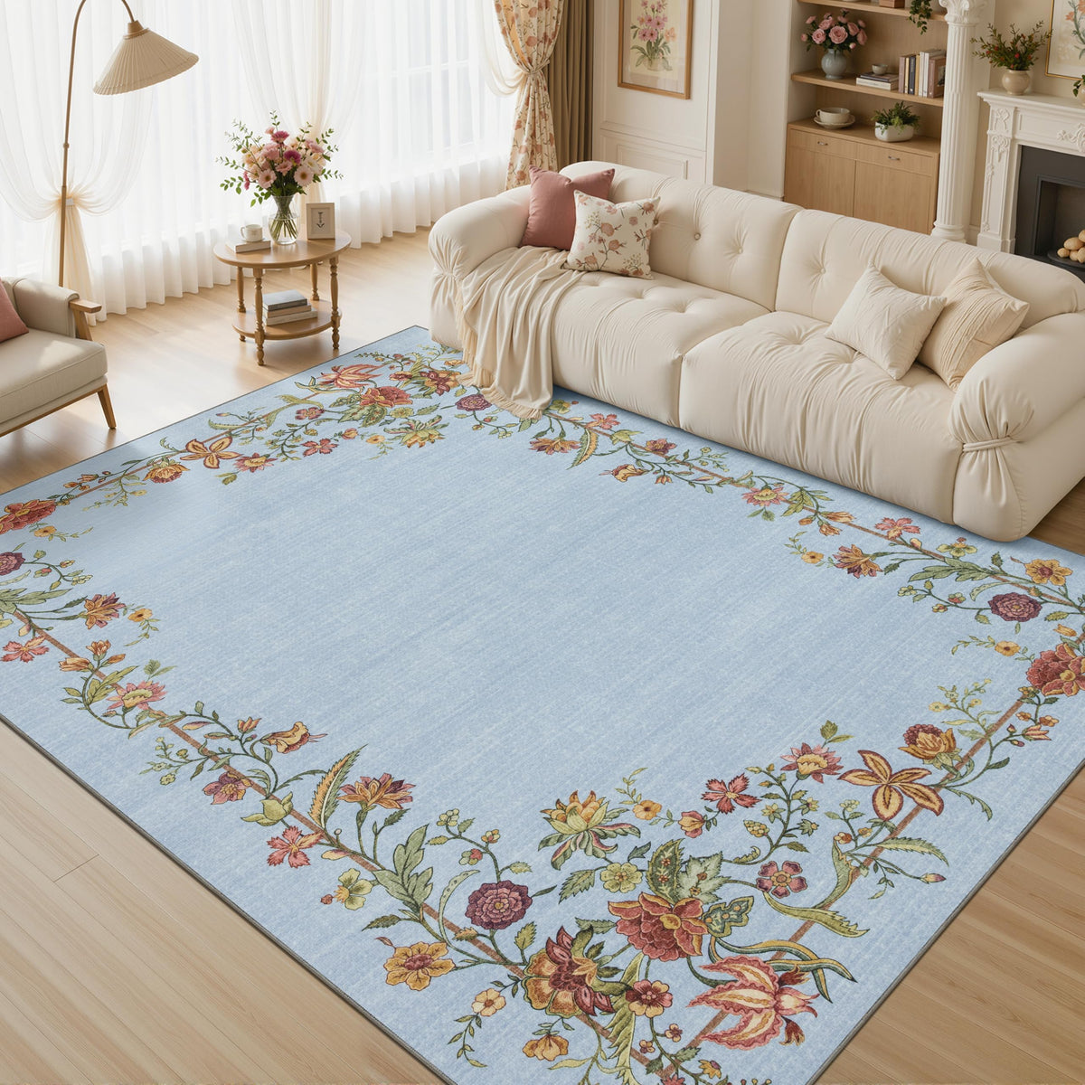 JOLLYVOGUE Washable 8x10 Area Rug for Living Room, Vintage Floral, Beige