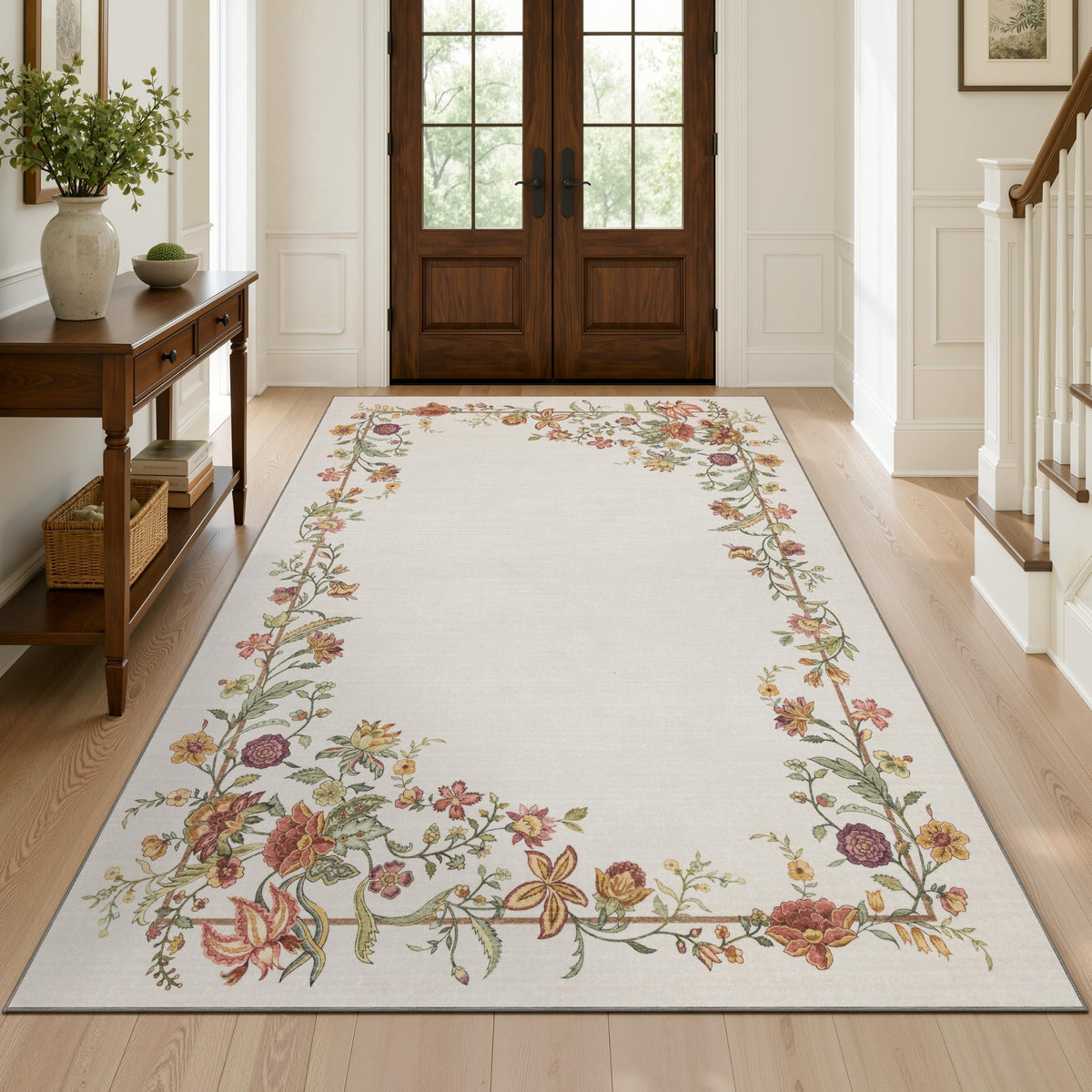 JOLLYVOGUE Washable 8x10 Area Rug for Living Room, Vintage Floral, Beige