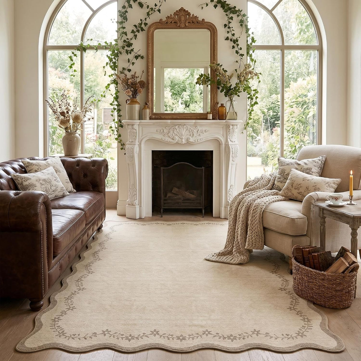 GarveeHome 5x7 Scalloped Area Rug Jute Washable Bedroom Living Room Rug