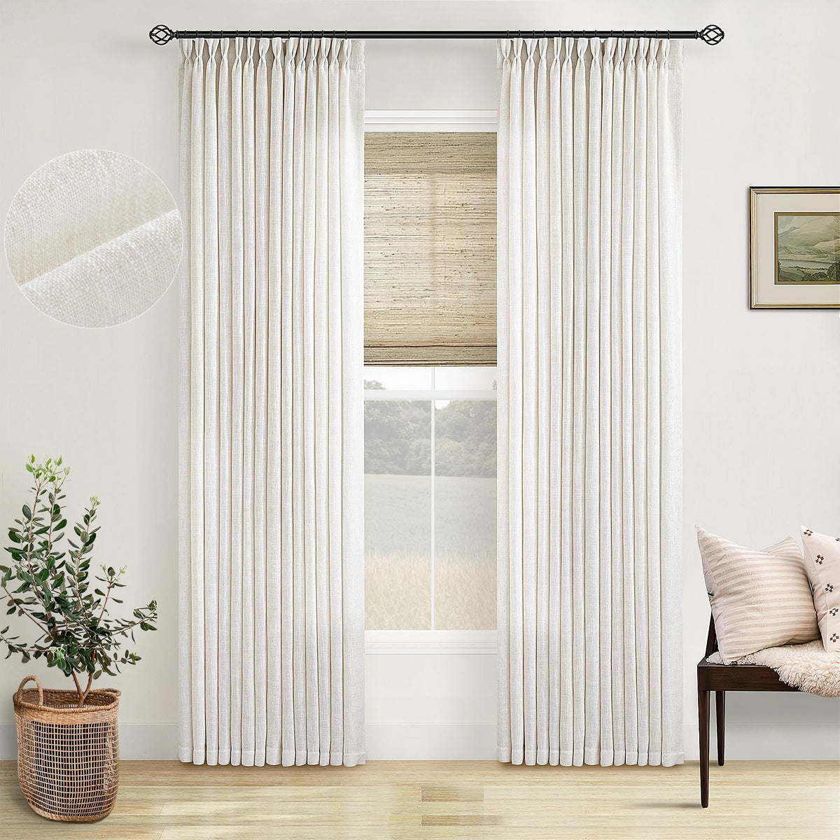 TWODRAPES Natural Pinch Pleated Linen Semi Sheer 84 Inch Curtains 2 Panels