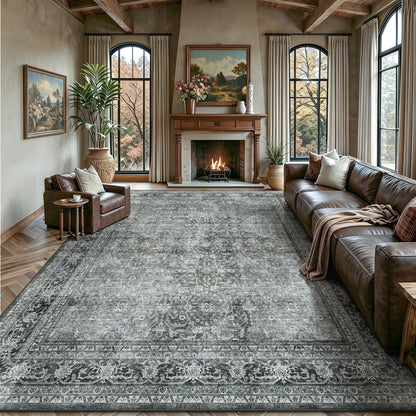 8x10 Area Rugs for Living Room - Washable Vintage Retro Large Rug, Soft Ultra Thin Non Slip Low Pile Traditional Distressed Boho Carpet for Bedroom Dining Room Home Office, Rust Clay