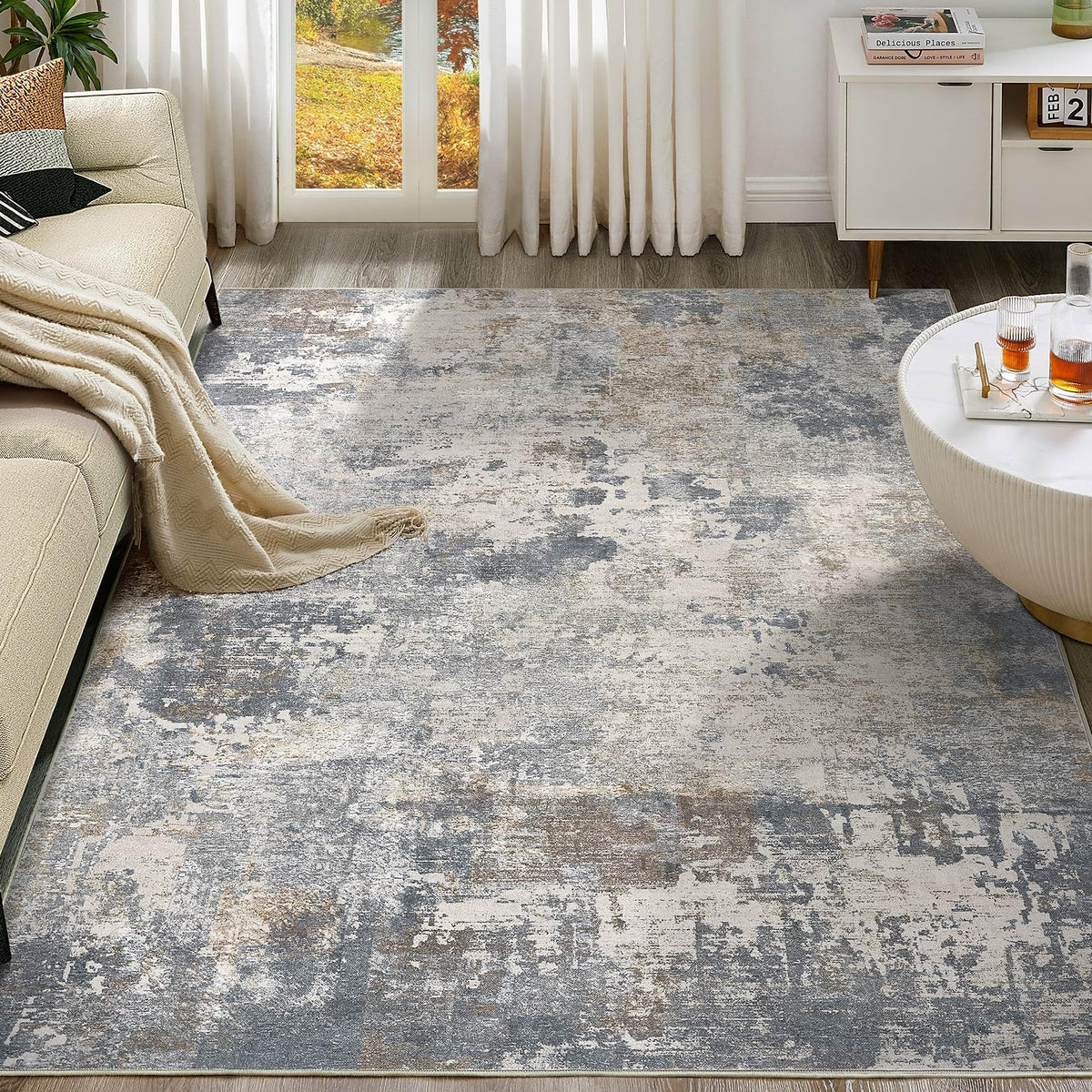UERMEI 8x10 Area Rug Living Room Rugs - Washable Neutral Modern Abstract Soft Thin Large Rug Indoor Floor No Slip Rug Carpet for Bedroom Under Dining Table Home Office Decor - Brown Grey