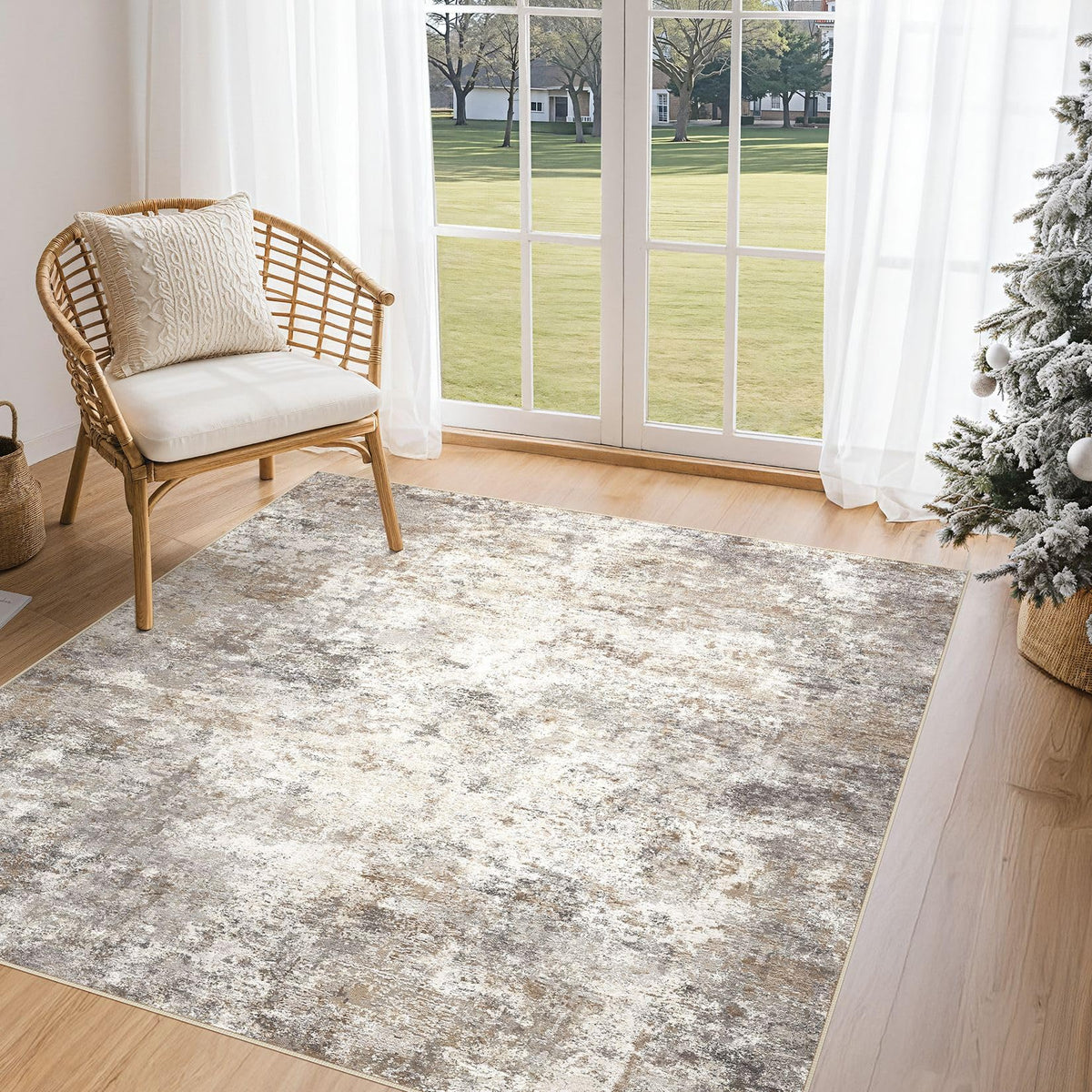 UERMEI 8x10 Area Rug Living Room Rugs - Washable Neutral Modern Abstract Soft Thin Large Rug Indoor Floor No Slip Rug Carpet for Bedroom Under Dining Table Home Office Decor - Brown Grey