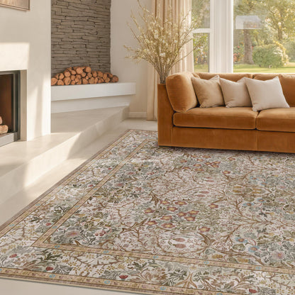 Floral Dark Green Washable Area Rugs 8x10, Vintage Living Room Rug