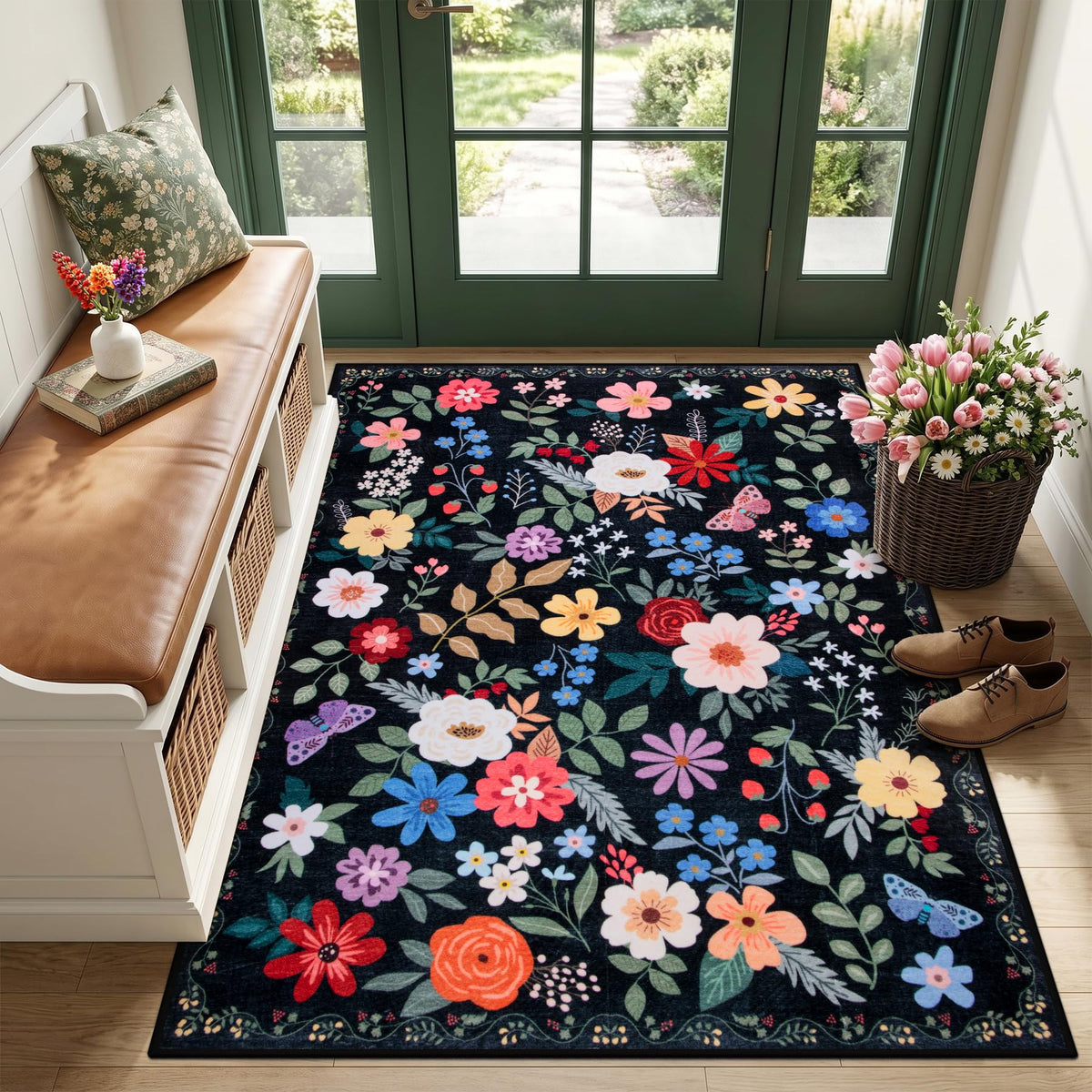 PLHXFR 8x10 Area Rug Living Room: Floral Washable Boho Carpet Dark Green