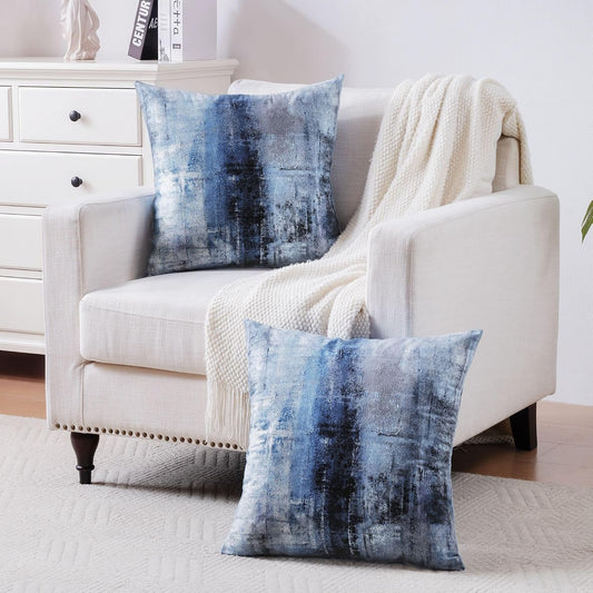 Blue and Grey Abstract Art Artwork Pillow Cover, Gallery Modern Decorative Throw Pillows Cushion Cover for Bedroom Sofa Living Room 18 x 18 Inch Set of 2