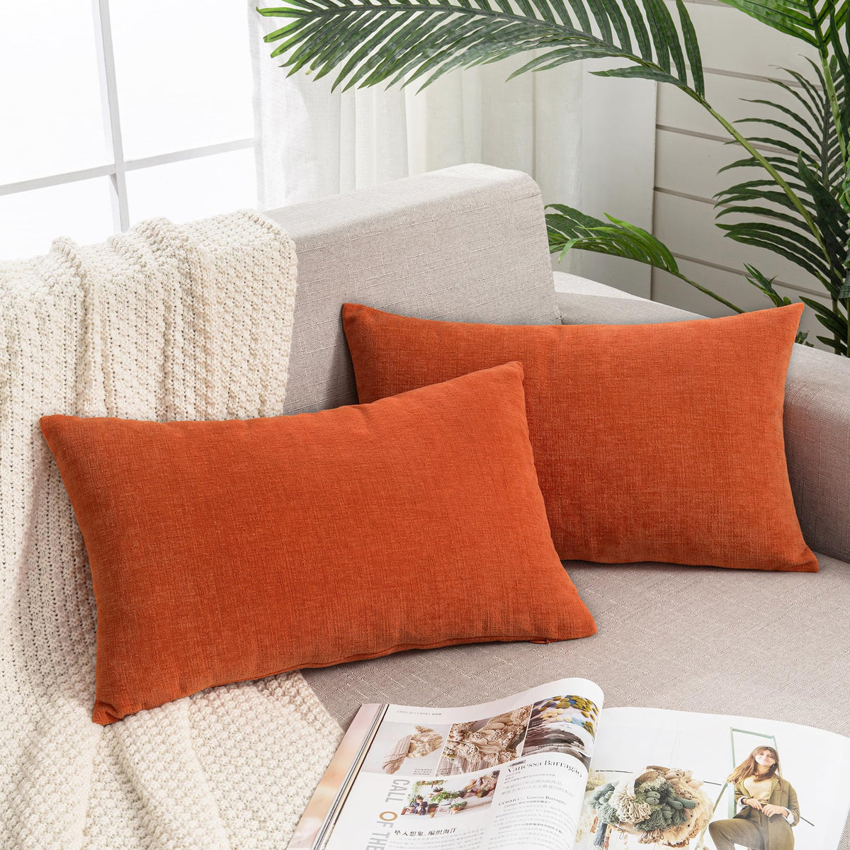 GAWAMAY Lumbar Support Pillow Decorative Rectangle Throw Pillow Covers 12"x20" Inch Set of 2, Soft Chenille Fall Pillowcase for Living Room Bedroom Sofa Couch Cushion Cover Grey 30x50cm (No Insert)