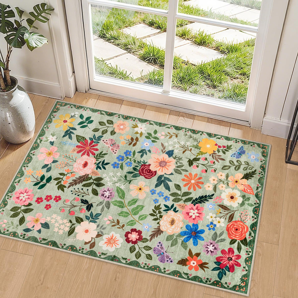 PLHXFR 8x10 Area Rug Living Room: Floral Washable Boho Carpet Dark Green