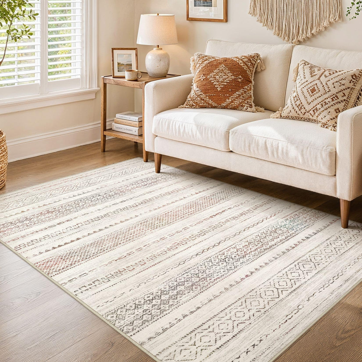 Nakagishi Boho 5x7 Area Rug Living Room Rugs Machine Washable Beige/Brown