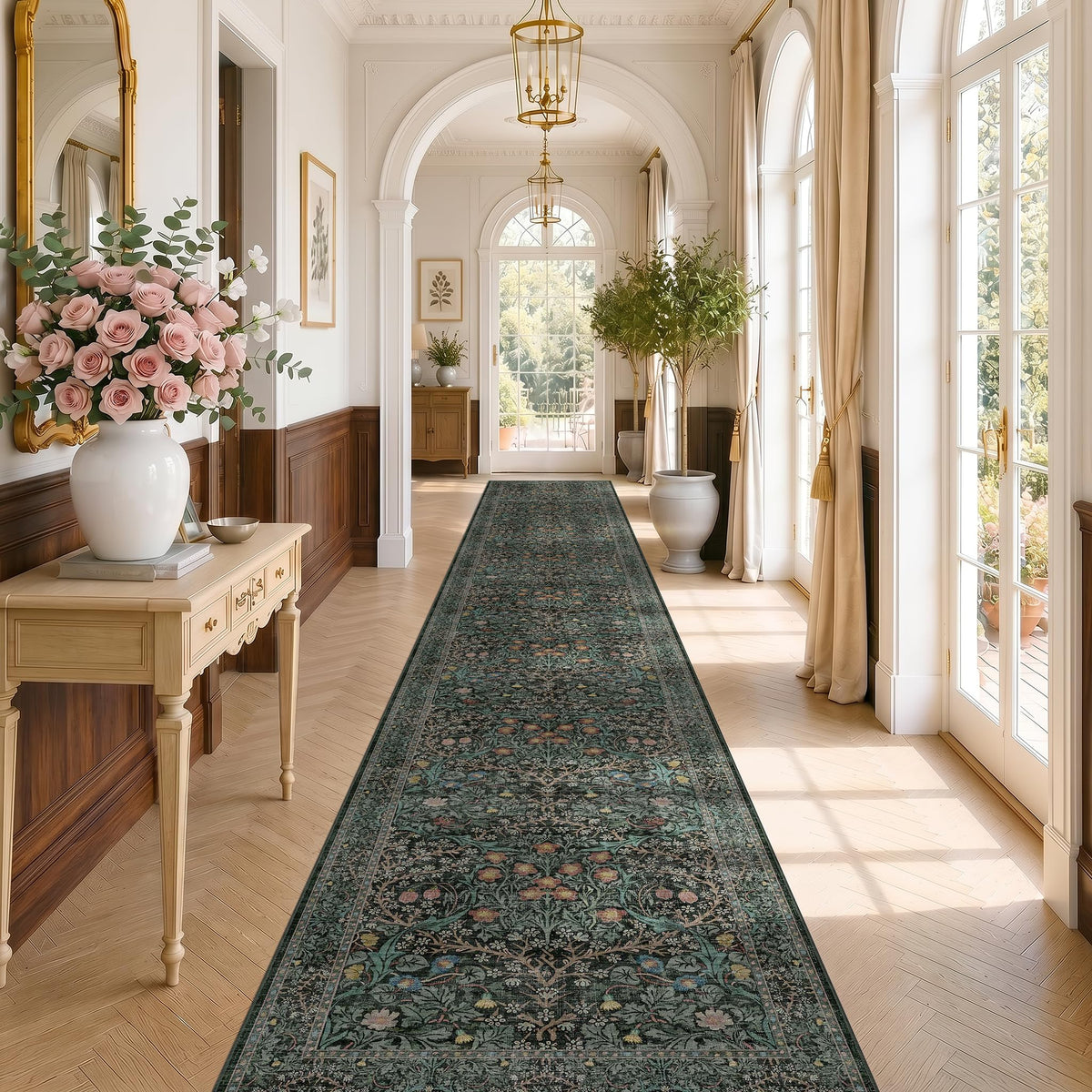 Floral Dark Green Washable Area Rugs 8x10, Vintage Living Room Rug
