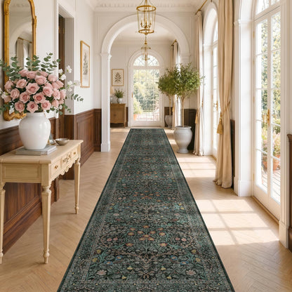 Floral Dark Green Washable Area Rugs 8x10, Vintage Living Room Rug