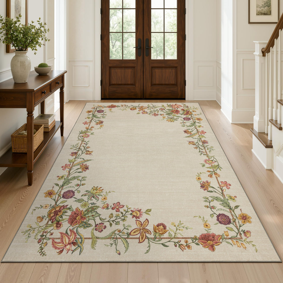 JOLLYVOGUE Washable 8x10 Area Rug for Living Room, Vintage Floral, Beige