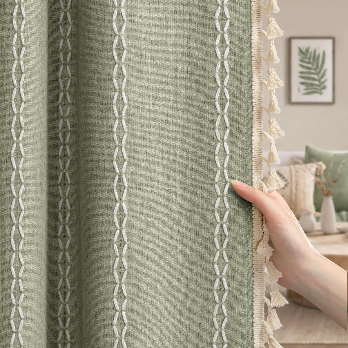Boho 100% Blackout Curtains 84 Inch 2 Panels Linen Blend Beige