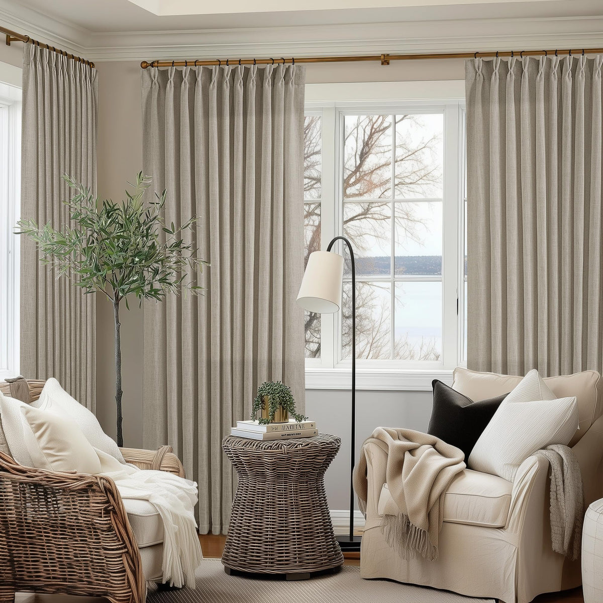 TWODRAPES Natural Pinch Pleated Linen Semi Sheer 84 Inch Curtains 2 Panels