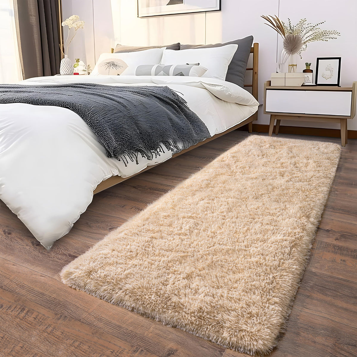 Ultra Soft Runner Rugs for Bedroom Hallways with Upgraded Non-Slip Rubber Backing & Thick Memory Sponge, 2x6 Feet Fluffy Shag Throw Area Rug for Bedside Dorm Dark Grey