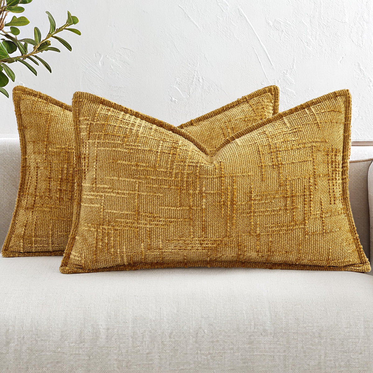 decorUhome Chenille Fall Throw Pillow Covers 18x18 Set of 2, Mustard Yellow