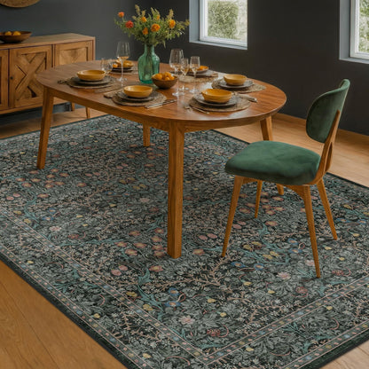 Floral Dark Green Washable Area Rugs 8x10, Vintage Living Room Rug