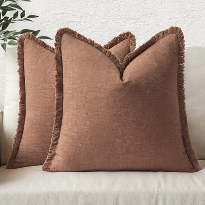 MIULEE Linen Fringe Decorative Fall Throw Pillow Covers Cocoa Brown 18x18