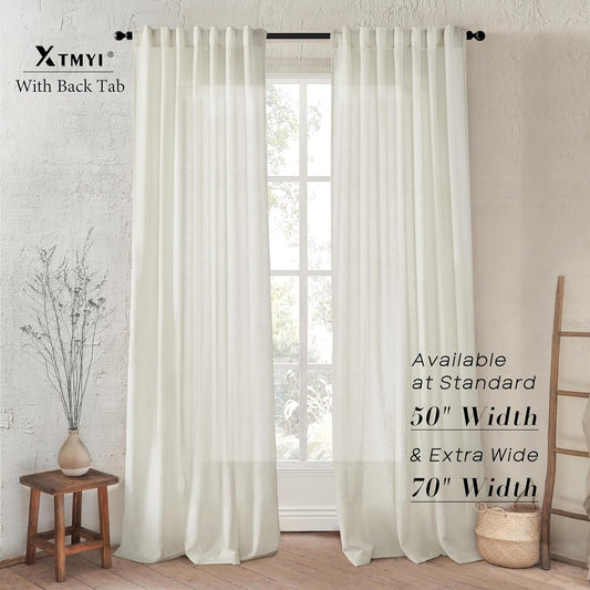 XTMYI Linen Curtains 96 Inch Long 2 Panel Set, Cream Sheer Pleated Curtain for Living Room, Modern Farmhouse Curtains for Dining Room Bedroom, Ivory Colored