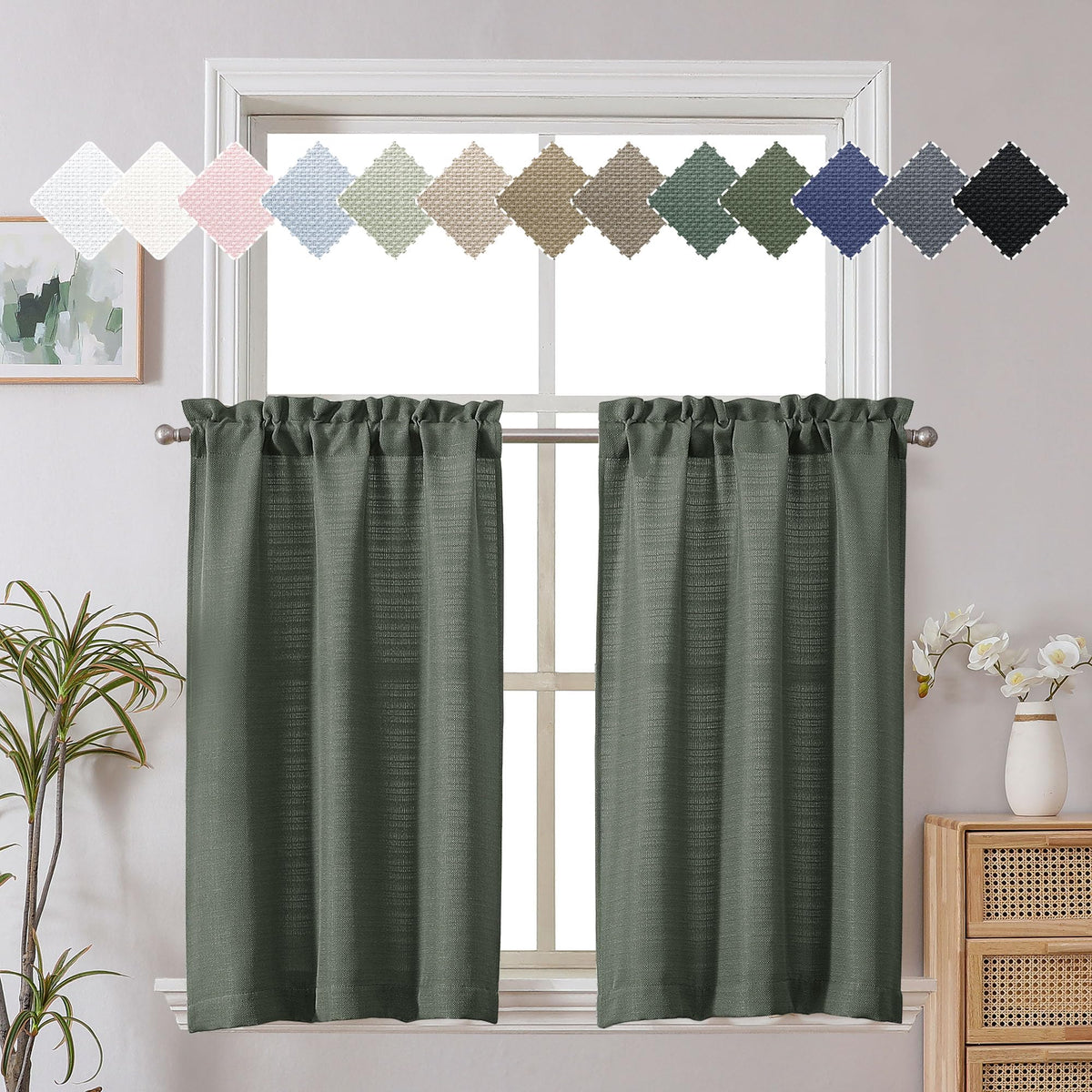 Chyhomenyc White Curtains 45 Inch Length 2 Panels, Faux Linen Textured