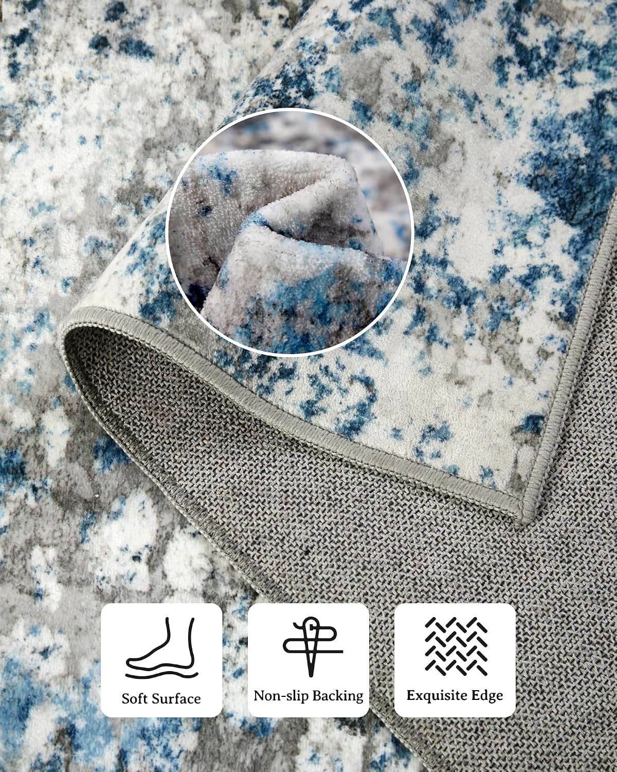 Washable Area Rug for Living Room: 9x12 Modern Abstract Neutral Soft Rug for Bedroom Dining Room No Slip Low Pile Carpet for Nursery Home Office - Grey/Blue