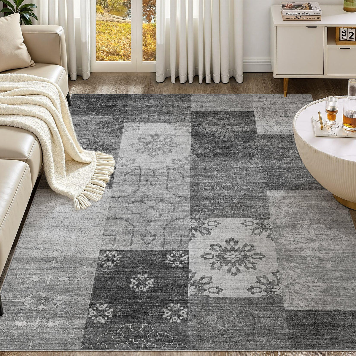 UERMEI 8x10 Area Rug Living Room Rugs - Washable Neutral Modern Abstract Soft Thin Large Rug Indoor Floor No Slip Rug Carpet for Bedroom Under Dining Table Home Office Decor - Brown Grey