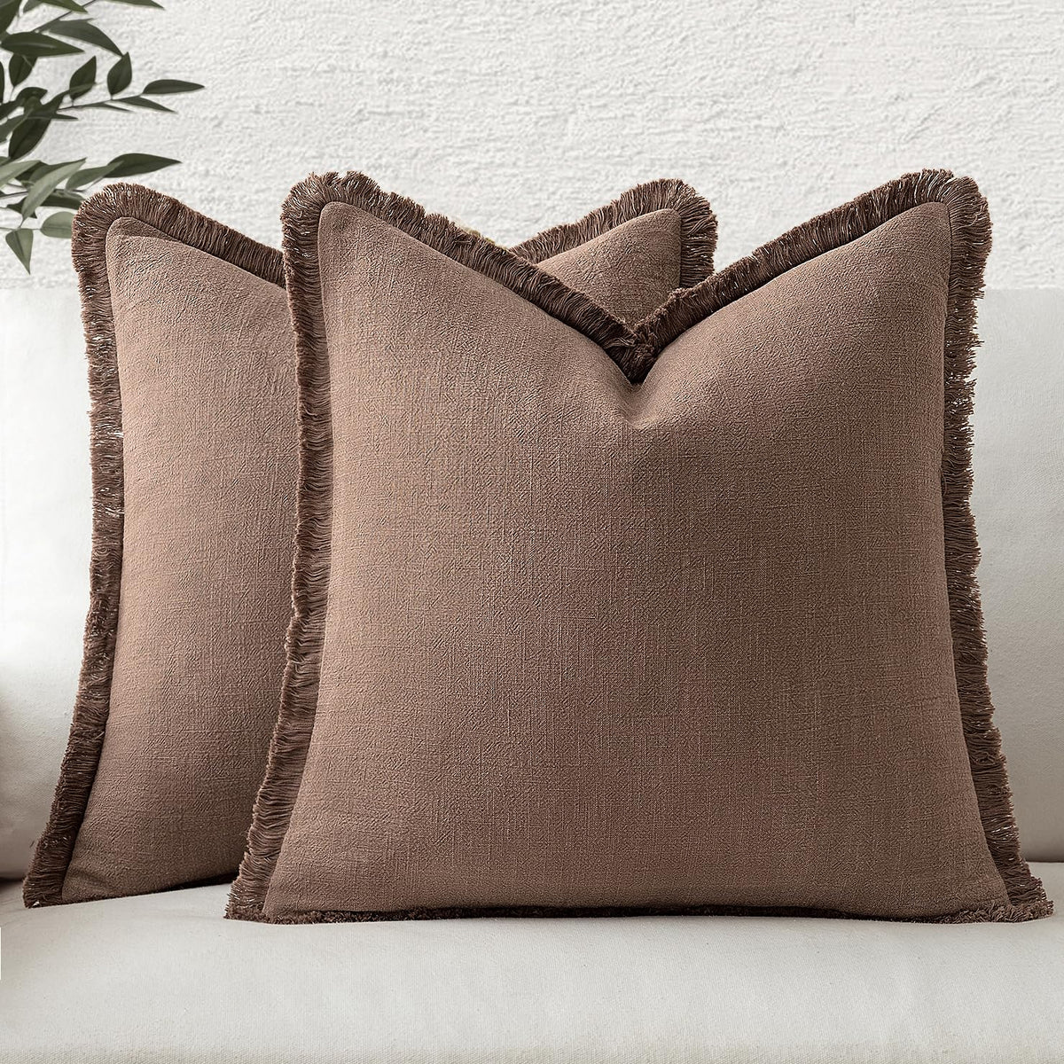 MIULEE Linen Fringe Decorative Fall Throw Pillow Covers Cocoa Brown 18x18