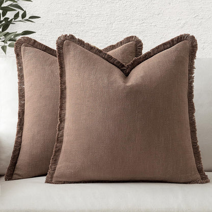 MIULEE Linen Fringe Decorative Fall Throw Pillow Covers Cocoa Brown 18x18