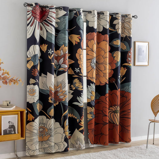 Tyrot Black Boho Floral Grommet Blackout Curtains, 52W x 84L, 2 Panels