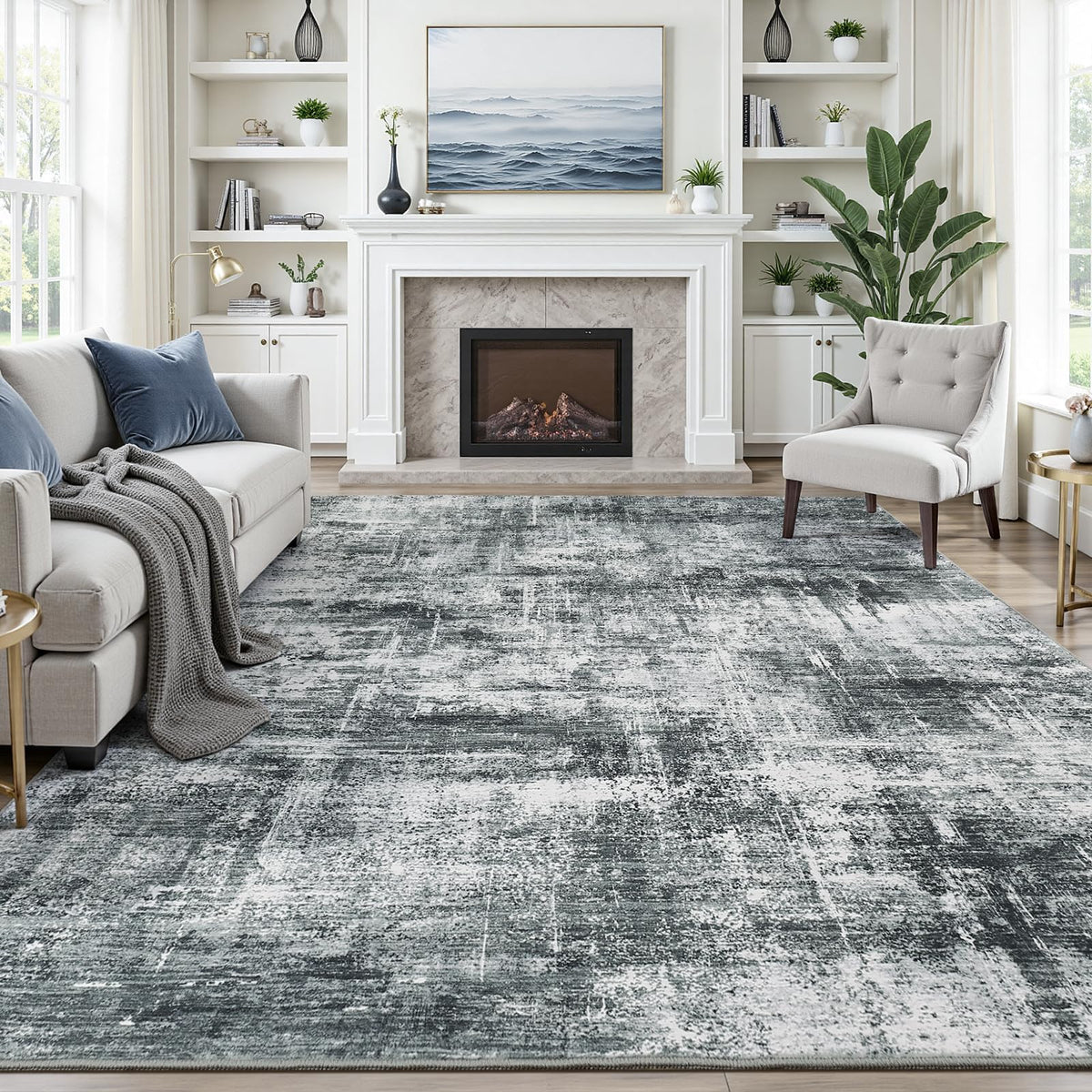 8x10 Area Rug for Living Room, Abstract Washable Non-Slip Large Rugs, Gold
