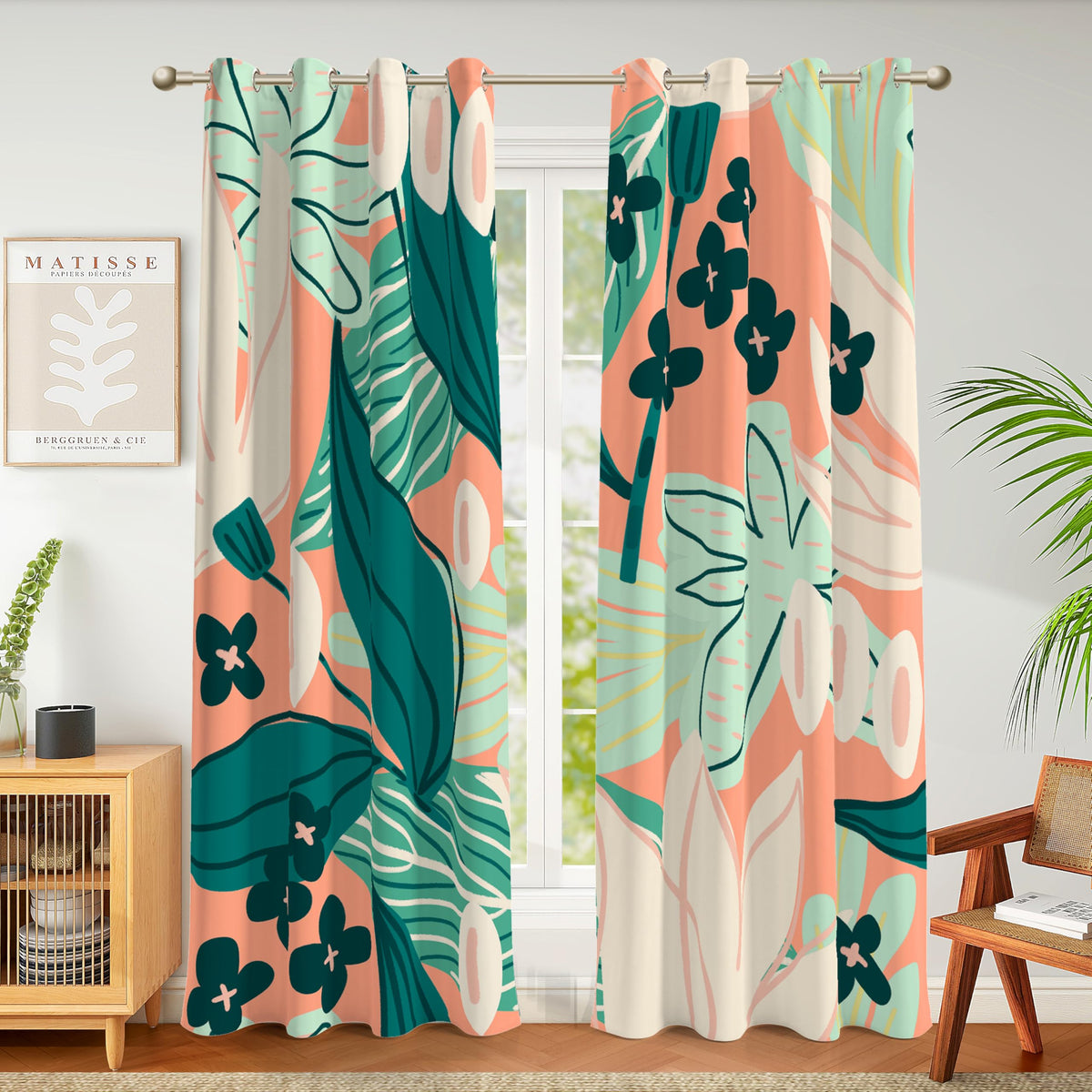 Tyrot Black Boho Floral Grommet Blackout Curtains, 52W x 84L, 2 Panels