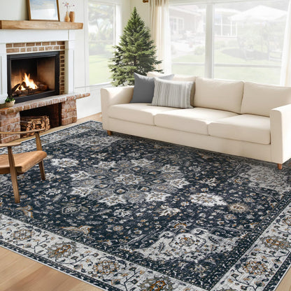 Area Rug 8x10 Washable Rug, Vintage Boho Medallion Rugs Non-Slip Soft Low Pile Large Distressed Rug Indoor Retro Carpet for Living Room Bedroom Dining Room Office Children's Room(Beige, 8'x10')