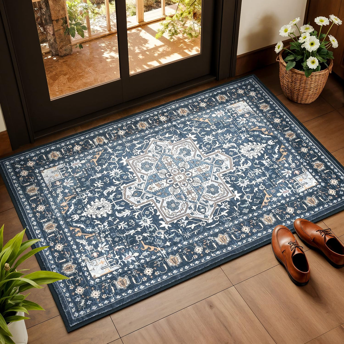 Rugflix 8x10 Area Rug for Living Room, Washable Navy Blue Dark Black Carpet