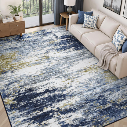 8x10 Area Rug for Living Room, Abstract Washable Non-Slip Large Rugs, Gold